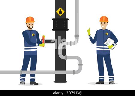 Glücklicher Ölmann dreht ein Rohrleitungsventil. Der Techniker überprüft und kontrolliert. Ölindustrie, Arbeiter in Spezialkleidung und Helm. Arbeitssicherheit. Gas- oder Ölleitung Stock Vektor