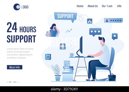Männlicher Assistent mit Headset am Arbeitsplatz. Vorlage für Landing-Page-Support rund um die Uhr. Online-Feedback-Konzept mit verschiedenen Web-Schildern. Hilfe, Hotlin Stock Vektor
