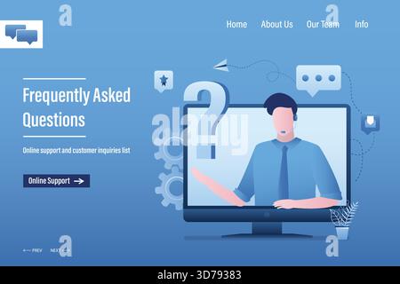 FAQ Landing-Page-Vorlage. Kundensupport- oder Helpdesk-Konzept. Assistent mit Fragezeichen. Männliche Zeichenhilfe. Technologie des Online-Supports, f Stock Vektor
