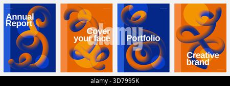 Set mit Postervorlagen für Sport- oder Musikveranstaltungen mit 3D-blauen und orangefarbenen gekrümmten Linien. Design für kreative Flyer-, Banner- oder Poster-Cover-Vorlagen für Brandi Stock Vektor