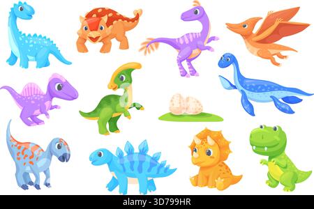 Cartoon-Dinosaurier. Dino süße Babyfiguren, Dinosaurier Raptor trex tyrannosaurus pterodactyl triceratops jurassic Periode Tier kindisch Spielzeug prähistorisches, ordentliches Vektor Illustration Original Kunstwerk Stock Vektor