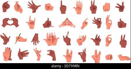 Zeichentrickhandsprache. Hand verschiedene Gesten, offene geschlossene Handfläche Schreiben Pose Faust Punsch Griff Herz Geste Finger Touch Arm Halteposition menschliche Handflächen Set klassische Vektor Illustration Original Kunstwerk Stock Vektor