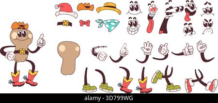 Retro-Maskottchen-Set. Vintage groovige Cartoon Charakterteile, Hände Arm Bein Gesichter Augen Mund abstrakte Comic Maskottchen Gesten Posen Ausdruck 70er Jahre Aufkleber, klassische Vektor Illustration Original Artwork Stock Vektor