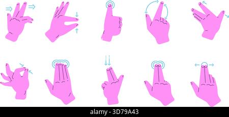 Touchscreen-Gesten. Hand Finger Geste für Touchscreen Telefon sensorische Bildschirm, Finger Zoom Klicken Ziehen Ziehen Scrollen nach links Schiebewagen Mobile Tip Verschieben klassische Vektor Illustration Original Artwork Stock Vektor