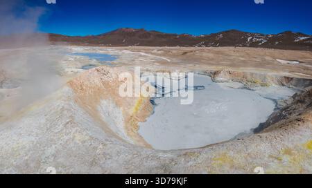 Bunte Schlammbecken, heiße Quellen und Fumarolen im Geysirbecken Sol de Manana im Eduardo Avaroa National Reserve in Bolivien auf 4900 m Höhe Stockfoto