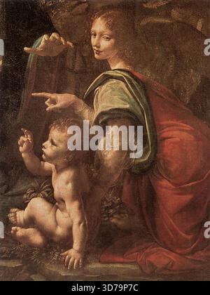 LEONARDO da Vinci (* 1452, Vinci, d. 1519, Cloux, bei Amboise) Virgin of the Rocks (Detail) 1483-86 Öl auf Platte Mus?e du Louvre, Paris im Gegensatz zur traditionellen Ikonographie hat Leonardo Maria und das Christkind nicht als eine eng vereinte Gruppe betrachtet, sondern Jesus unter die Hand seiner Mutter neben einem Engel auf der rechten Seite des Bildes gestellt. Entsprechend der Zusammensetzung der durch Blicke und Gesten miteinander verbundenen Figurengruppe hat ihn der Engel umarmt und sieht ihn an; sein Finger zeigt jedoch auf den kleinen Johannes im M Stockfoto