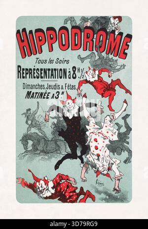Farbiges lithographisches Poster von Jules Chéret zur Förderung einer Clownshow im Hippodrom (einer Pariser Einrichtung aus dem späten 19. Jahrhundert). Stockfoto