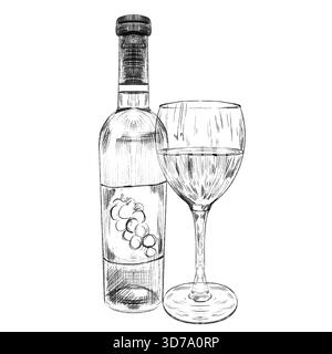 Grafische Zeichnung der Weinflasche und des Vektors des Weinglases. Weinbauprodukte im Skizzenstil. Vektorillustration isoliert auf weiß. Klassischer alkoholischer dri Stock Vektor