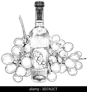 Reife Trauben, Weinflasche isoliert auf weißem Hintergrund. Skizze Vintage-Vektor-Illustration eines Reifen Zweigs von Trauben, aus dem Wein hergestellt wird, der Konc Stock Vektor