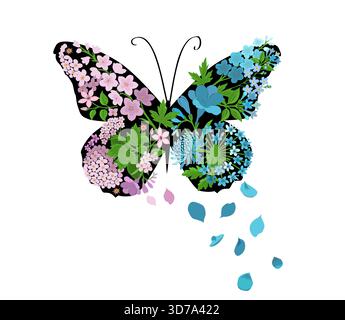 Abstrakter Schmetterlingsflügel mit Blumen. Handgezeichnet. Nicht AI, Vektordarstellung. Stock Vektor