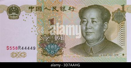 Nahaufnahme einer chinesischen Yuan Renminbi Banknote mit Mao Zedong Portrait Stockfoto
