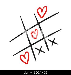 Winziges Vektor-Doodle Tic-Tac-Toe-Raster, in dem Kreise zu Herzen werden, verspielte Linienführung, skurrile Formen, dezente Schatten, charmante und romantische Atmosphäre. Stock Vektor