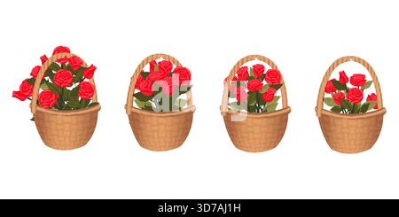 Ein Set Körbe mit Rosensträußen. Vektorillustration auf weißem Hintergrund isoliert. Stock Vektor
