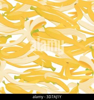 Gelbe Bananenschale. Nahtloses Fruchtmuster. Organischer Müll. Rutschige Rinde. Lebensmittelverschwendung. Schälhaufen. Rutschen auf der Schale. Produktreste Stock Vektor