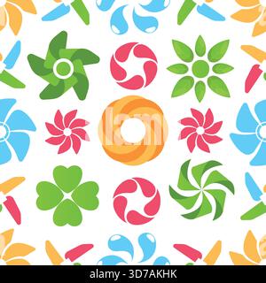 Mehrfarbige Lüfter- oder Propellersymbole nahtloses Muster. Sich drehende Klingen drehen. Spielzeug für Windmühlen. Drehender Origami. Wiederholter Druck. Umlaufformen Stock Vektor