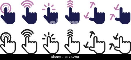 Handaktionen auf dem Touchscreen. Bildlauf- oder Wisch-Geste. Tippen mit dem Zeigefinger. Mobiles Display zoomen. Verschieben des Menüs „Schnittstelle“. Drücken Sie auf Stock Vektor