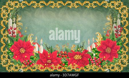 Horizontale Vorlage für Weihnachtskarten mit roten Weihnachtskugeln, flammenden Kerzen, Rahmen für Vignette in Vintage-Gold, stechpalmen-Beeren. Botanisches Aquarellstrauß für Stockfoto