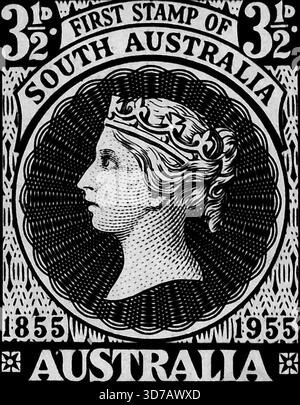 Die Postbeamten werden ab Oktober 17 für einen Monat eine besondere Queen Victorian-Gedenkmarke verkaufen. Der Stempel (rechts) wird grün und kostet 3½d. Es wird Königin Victoria darstellen und Merkmale von Briefmarken ihrer Regierungszeit enthalten. Das Ausstellungsdatum fällt mit der Eröffnung der australischen Philatelie-Ausstellung in Adelaide zusammen. Auf der Messe werden speziell gedruckte Registrierungsetiketten in den Postämtern erhältlich sein. 5. Juli 1955. (Foto: Abteilung des Postmeisters). Stockfoto