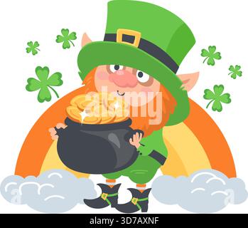 Fröhlicher Kobrechaun hält gusseisernen Topf gefüllt mit Goldmünzen. Symbol des St. Patricks Day. Glücksbringer. Regenbogen mit Wolken. Zeichentrickfilm-Elf Stock Vektor