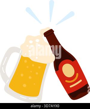 Bierglas mit Schaumgetränk und Flaschenberührung für Toast. Feiern mit alkoholischen Getränken. Pub-alkoholisches Getränk. Oktoberfest-Schnaps-Applaus. Barbecher Stock Vektor