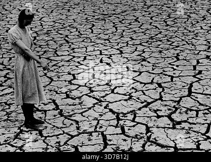 Dürregefahren - Szenen in den Tring-Stauseen in Hertfordshire - nach dem Appell an "nutzloses Wasser" erwägt das Metropolitan Water Board ernsthafte Einschränkungen der Versorgung aufgrund der anhaltenden Dürre - die schlimmste, die England seit fast hundert Jahren erlebt hat. Der Bischof von London hat alle Kirchen um Regen gebeten. Das Netz von Rissen im Trockenbett eines der Tring-Stauseen. Juni 1934. (Foto: Sport & General Press Agency, Limited). Stockfoto