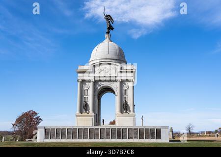 Gettysburg Pennsylvania – 5. November 2025: Das Pennsylvania Monument im Gettysburg National Military Park in Pennsylvania Stockfoto