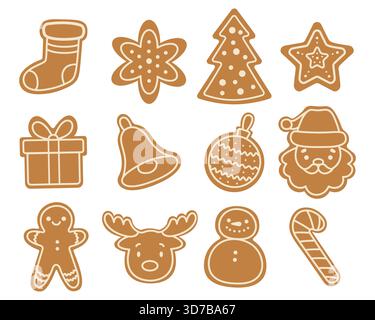Sammlung von weihnachtlichen Lebkuchenkeksen in verschiedenen Formen. Isolierter weißer Hintergrund. Vektorabbildung. Stock Vektor