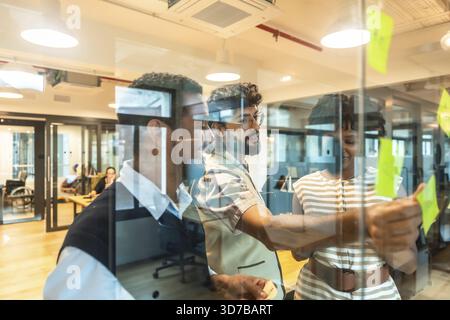 Geschäftskollegen arbeiten an einem Projekt zusammen, schreiben Ideen auf Haftnotizen an einer Glaswand in einem modernen Büro, fördern Teamarbeit und Stratege Stockfoto