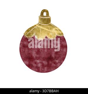 Grüne rote Weihnachtskugel mit goldener Spitze isoliert auf weiß. Aquarellklammerkunst perfekt für Geschenkpapier, Karten, Weihnachten und Neujahr Stockfoto