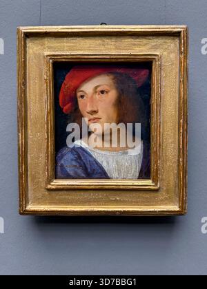 Italienisches Porträt eines jungen Mannes aus dem frühen 16. Jahrhundert, Anhänger von Lorenzo Lotto, um 1520, Städel Museum, Frankfurt. Stockfoto