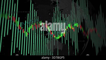 Anzeige von Neon-Kerzenleuchtern und blaugrünen Balkendiagrammen auf virtuellem Trading-Dashboard mit gepunktetem Globus Stockfoto