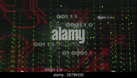 Glühende Schädel- und Kreuzknochenkonturen, die auf dem HUD schweben, zeigen fallenden grünen Code und rote Spuren Stockfoto