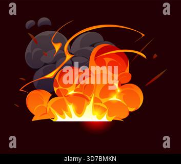 Bombenexplosion und magischer Raucheffekt, rote Feuerwolke. Feurige Vektorexplosion mit leuchtendem orange gelbem Explosion, heißer Flammenwolke und aufsteigendem schwarzem Rauch. Kraftvoller vfx-Effekt für Fantasy-Kämpfe Stock Vektor