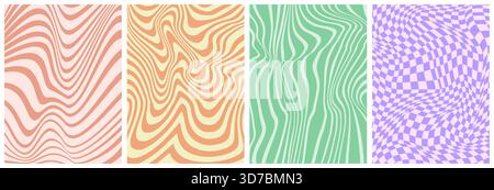 Retro psychedelisch groovige Hippie-Muster mit abstrakten Wellenlinien und Wirbeln, Vektorhintergründen. Grooviges Retro-Muster im trendigen Design mit psychedelischen Wellenwirbeln und hypnotischen Flüssen oder Hippie-Muster Stock Vektor