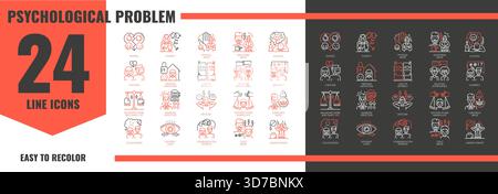 Familienpsychologische Problemsymbole. Vektorsatz von linearen Zeichen, die Missbrauchs-, sucht-, Arbeitslosigkeit- und Beziehungsprobleme zeigen. Symbole für psychische Gesundheit, Beratung und Therapie visuelle Infografiken Stock Vektor