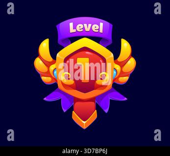 Stufen Sie ein Abzeichen oder einen Ranglisten mit der Nummer eins für Gaming-Assets, Cartoon-Vektor-Symbol auf. Prämienabzeichen mit goldenen Flügeln oder Lorbeerkranz und lila Schleife für das GUI-Schild auf Spielebene Stock Vektor