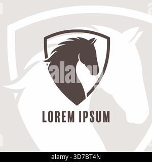 Pferdekopf-Silhouette innerhalb eines Schildes, mit Platzhaltertext unterhalb Einer größeren Pferdekopf-Silhouette und abstrakten Formen zieren den Hintergrund Stock Vektor