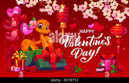 Niedliche Schlangenfigur in Geschenkbox auf der Glückwunschkarte zum Valentinstag. St. Valentine Feiertagsflyer, Love Party Vector Banner mit Schlangencartoon Charakter, Geschenke, Rosen und asiatische Laternen auf Sakura Stock Vektor