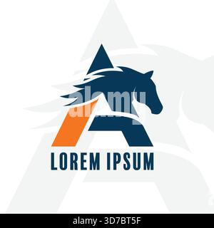 Dynamisches Logo-Design mit einem leistungsstarken Pferdekopf, der in einem stilvollen Buchstaben A integriert ist, in kräftigen Blau- und Orangenfarben Stock Vektor