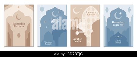 Muslimische Ramadan-Kareem-Poster mit Moscheeform, islamische Vorlage Eid Mubarak. Vektor-islam-Laternen, Mond und Sterne, Moschee und Bögen mit arabischen Ornamenten, Ramadan Kareem-Grußposter Stock Vektor