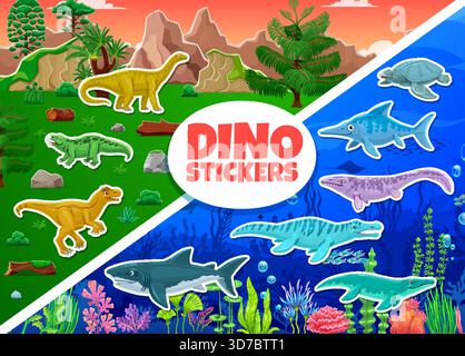 Aufkleber mit prähistorischen Dinosaurierfiguren. Vektoraufkleber für Land- und aquatische Dinosaurier mit Megalodon, Mosasaurus, Archelon und Vulcanodon, Hyperodapedon, Allosaurus niedlichen Persönlichkeiten Stock Vektor