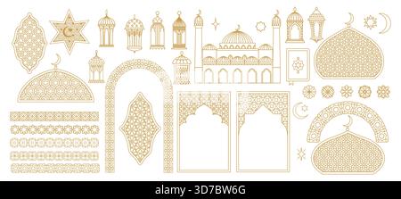 Ramadan-Ornamente und arabische Arabesken, orientalische muslimische Kunstmuster. Vektor arabische Goldlinie geometrische Ornament Rahmen Grenzen, ramadan Laternen und Moschee Bogen Ornament Elemente Stock Vektor