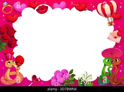 Grußkarte oder Bannerrahmen zum Valentinstag. Vektor-Flyer für Romantik, Valentinstag-Banner oder Grußkarte mit Zeichentrickschlangen lustigen Charakteren, Blumen, Verlobungsring und Geschenkbox Stock Vektor