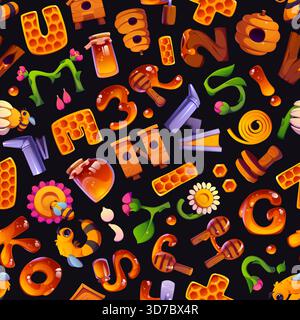 Zeichentrickfilm Honigbiene Schriftart Buchstaben nahtlose Muster Hintergrund. Vektor verspielte Fliese, Bienenzuchttapete mit lustigen Buchstaben, speziellen Symbolen und Zahlen mit Waben, Gläsern, Blumen, Bienen und Bienenstöcken Stock Vektor
