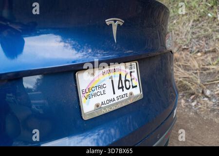 Nahaufnahme eines hawaiianischen Kennzeichenschilds mit dem Regenbogenmuster „Aloha State“ und der Bezeichnung „Elektrofahrzeug“ auf einem blauen Tesla Model Y Stockfoto