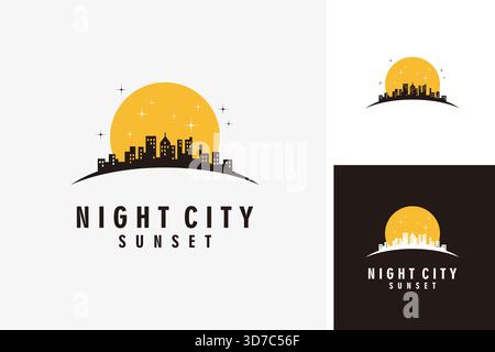 Nachtstadt mit Sonnenuntergang-Mond-Logo-Symbol-Illustration Stock Vektor