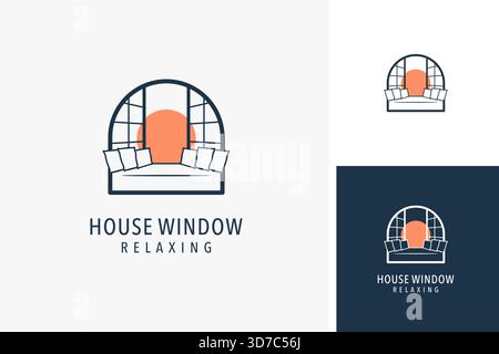 Offenes Hausfenster mit Logo-Symbol für Sonnenuntergang Stock Vektor