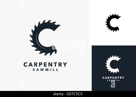 Buchstabe C in Holzsäge für das Logo der Zimmerei Stock Vektor
