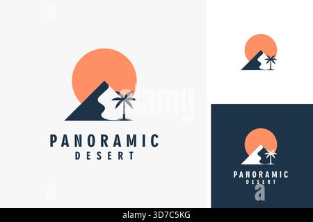 Wüstengipfel mit Palme und Sonnenlogo-Symbol Stock Vektor