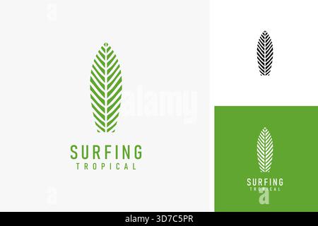 Surfbrett und Palmblätter für ein tropisches Surflogo-Symbol Stock Vektor